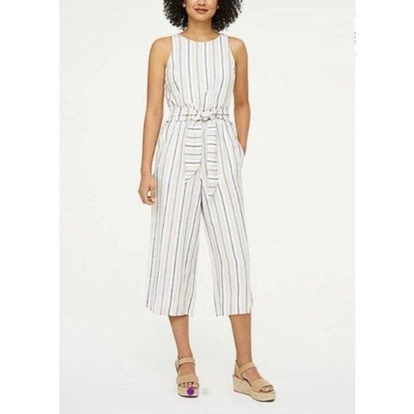 LOFT Outlet Painted Stripe Belted Linen Blend Jumpsuit 2 - Picture 2 of 3
